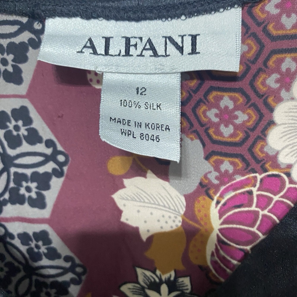 Alfani Blouse Womens 12 Purple Floral Retro Silk V Neck Long Sleeve Career Top - Picture 9 of 9